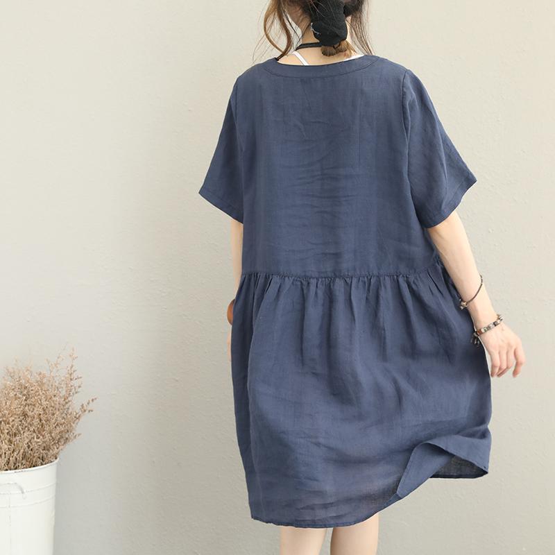 New blue linen caftans trendy plus size O neck short sleeve linen gown women patchwork baggy dresses - Omychic