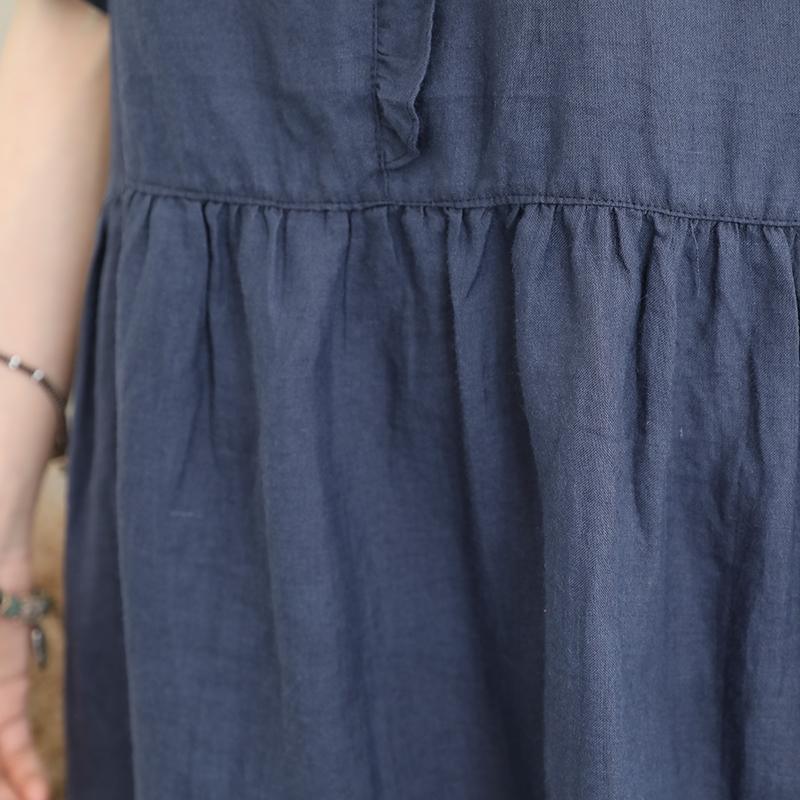 New blue linen caftans trendy plus size O neck short sleeve linen gown women patchwork baggy dresses - Omychic