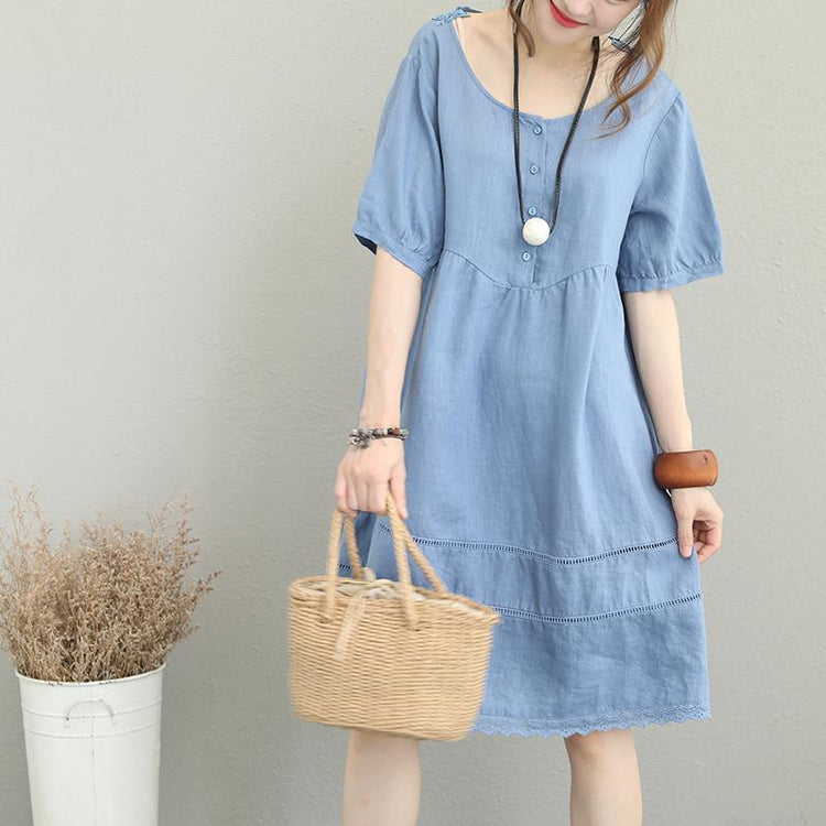 New blue linen dress Loose fitting O neck short sleeve traveling dress New lace patchwork gown - Omychic