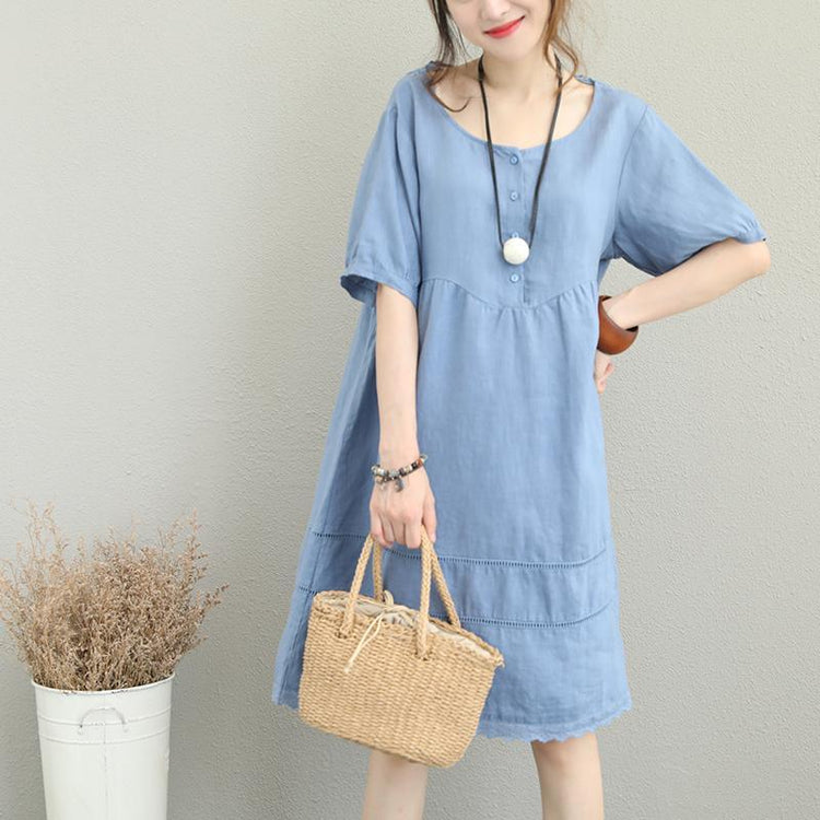 New blue linen dress Loose fitting O neck short sleeve traveling dress New lace patchwork gown - Omychic