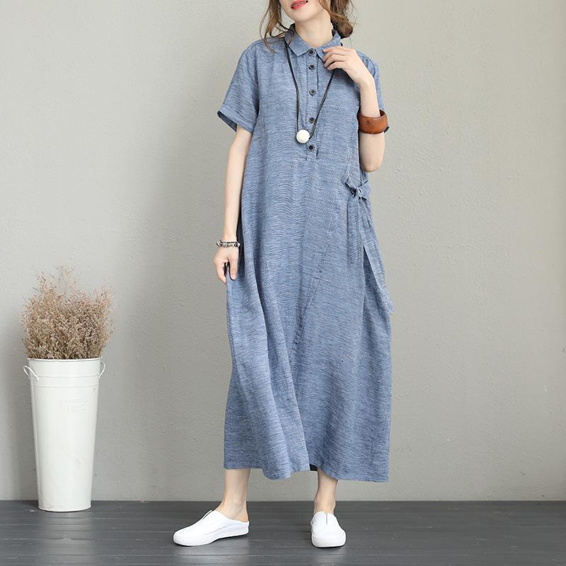 New blue linen dresses Loose fitting turn-down collar linen gown boutique short sleeve tie waist gown - Omychic