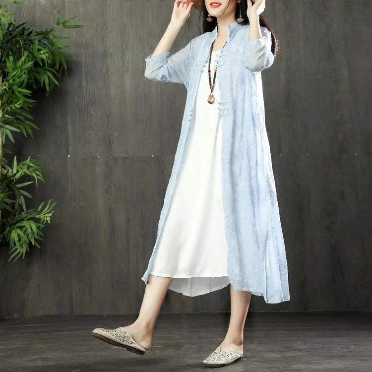 New blue linen embroidered cardigan solid color buckle sun protection clothing - Omychic