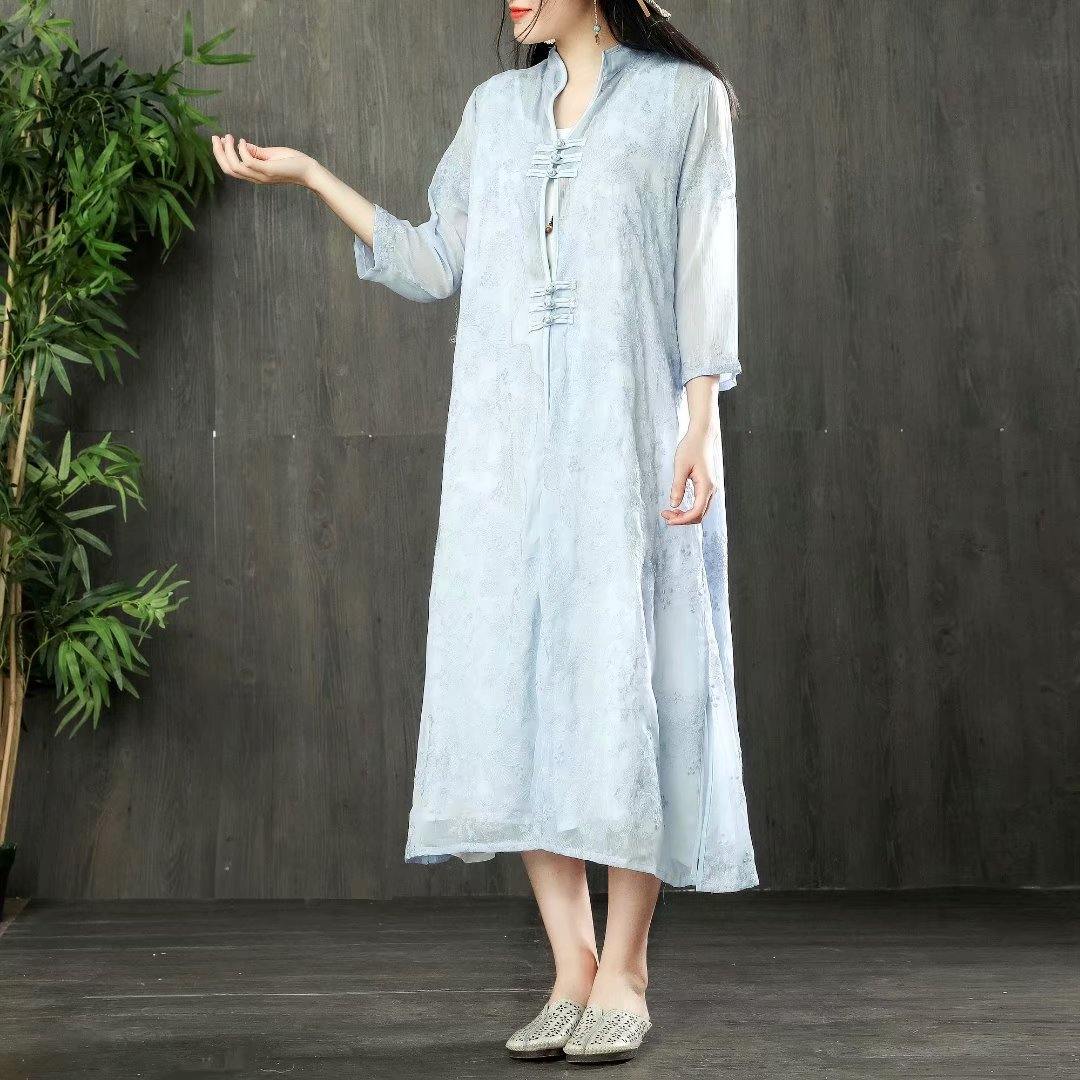 New blue linen embroidered cardigan solid color buckle sun protection clothing - Omychic