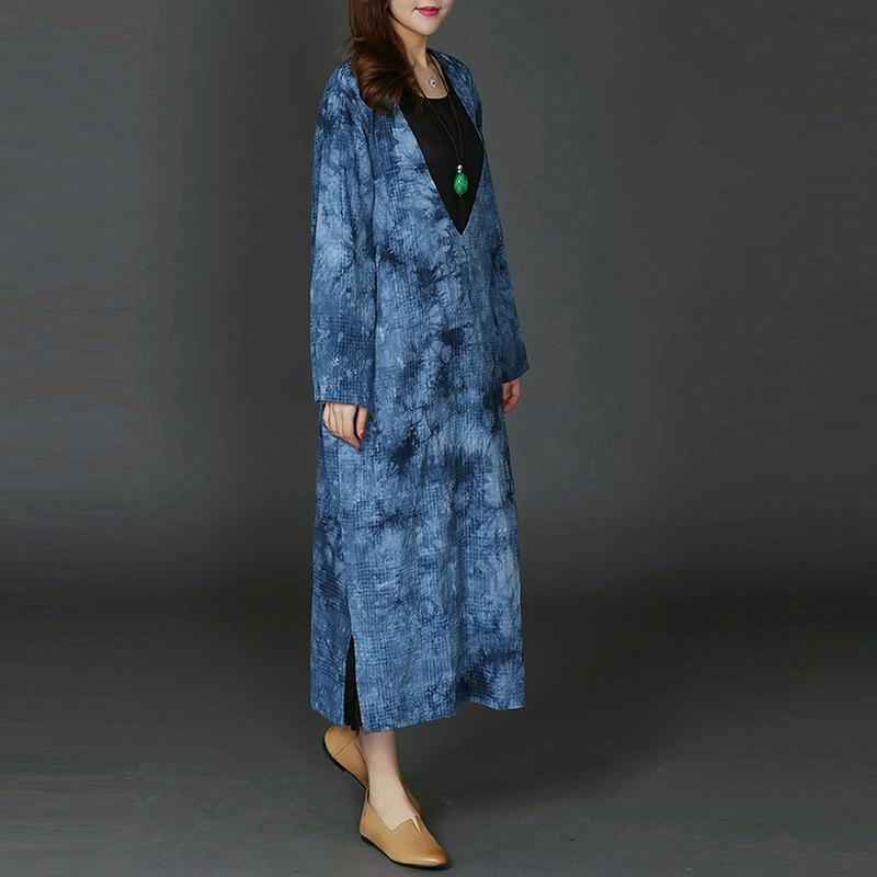 New blue long plus size V neck A line skirts linen clothing dresses side open women pockets kaftans - Omychic