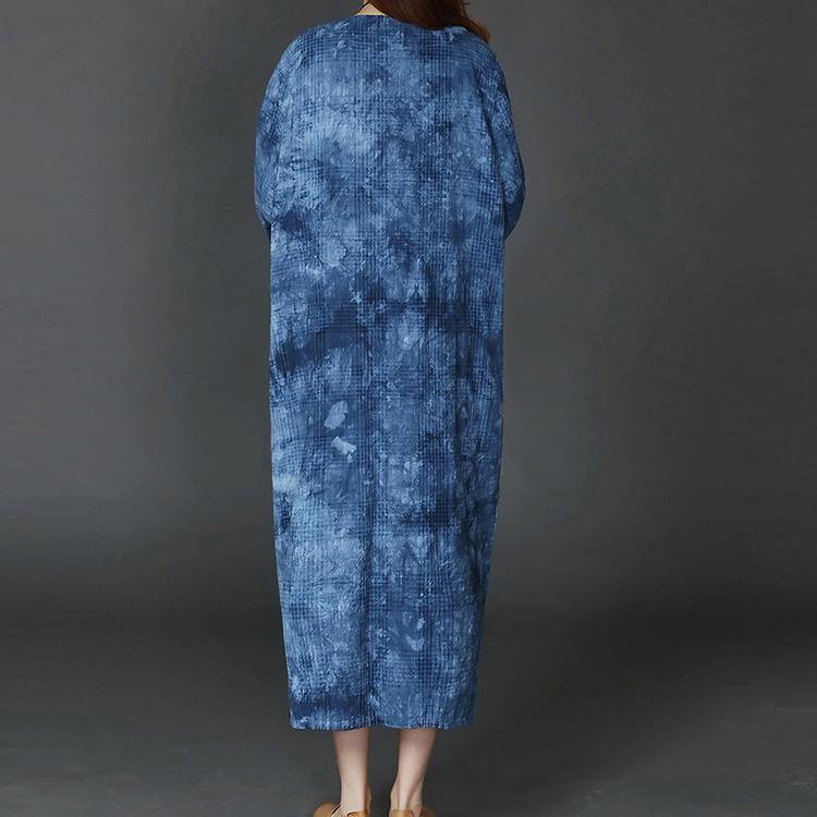 New blue long plus size V neck A line skirts linen clothing dresses side open women pockets kaftans - Omychic