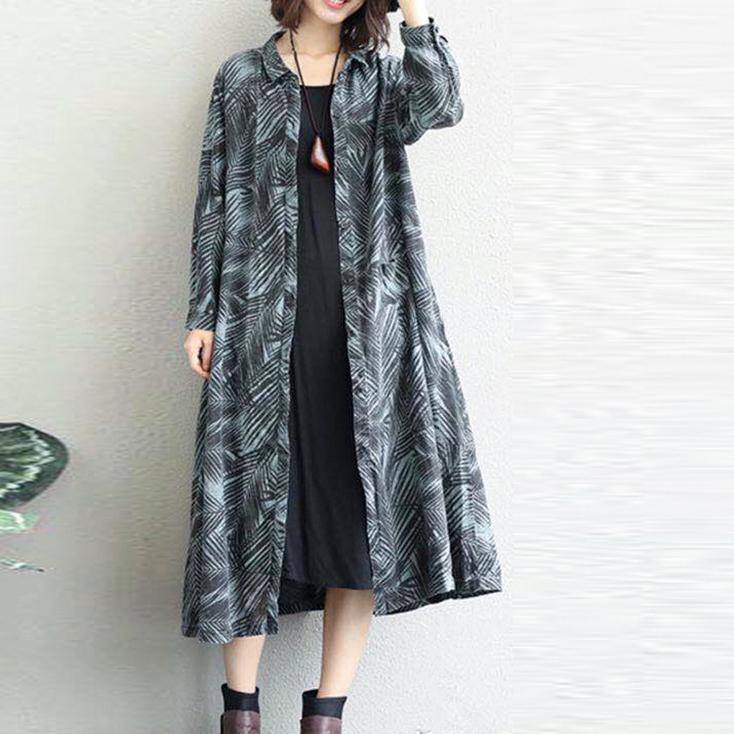 New blue prints linen caftans plus size lapel collar linen gown Fine autumn shirt dress - Omychic