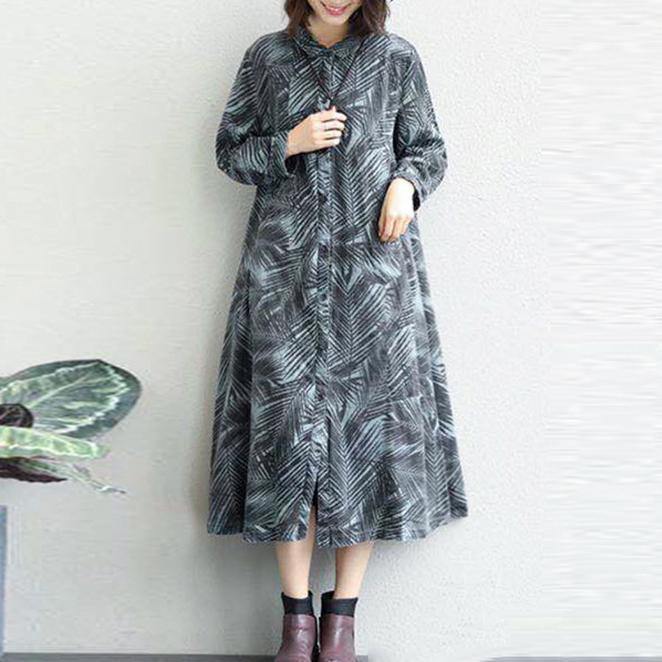 New blue prints linen caftans plus size lapel collar linen gown Fine autumn shirt dress - Omychic