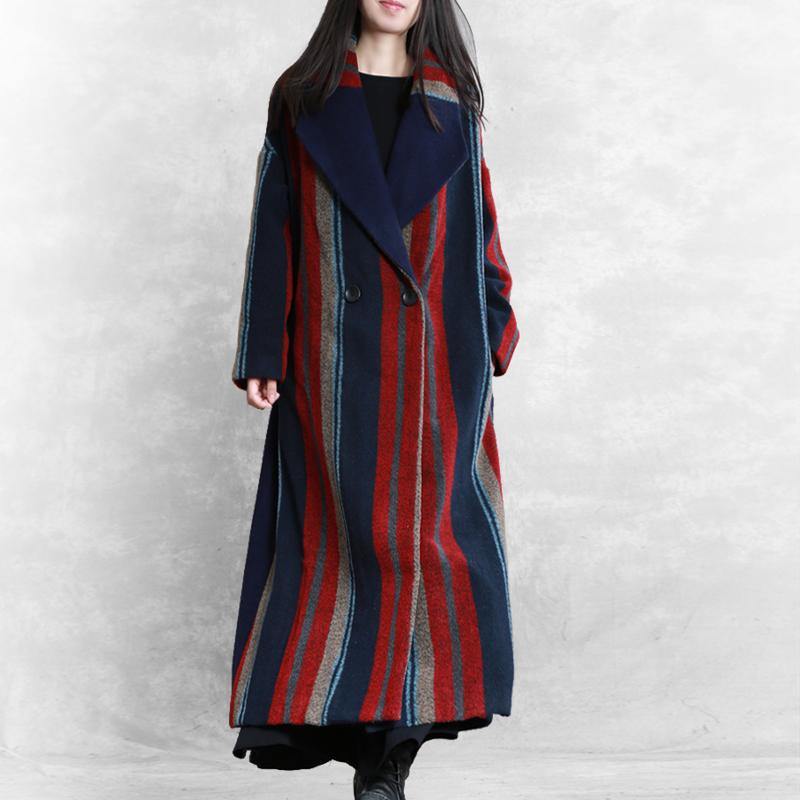 New blue red striped Wool jackets plus size Notched tie waist maxi coat - Omychic