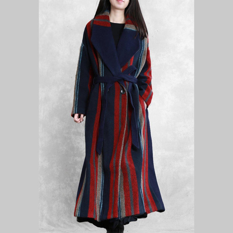 New blue red striped Wool jackets plus size Notched tie waist maxi coat - Omychic