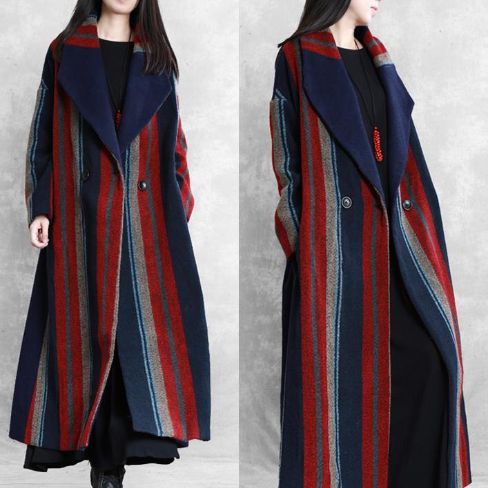 New blue red striped Wool jackets plus size Notched tie waist maxi coat - Omychic