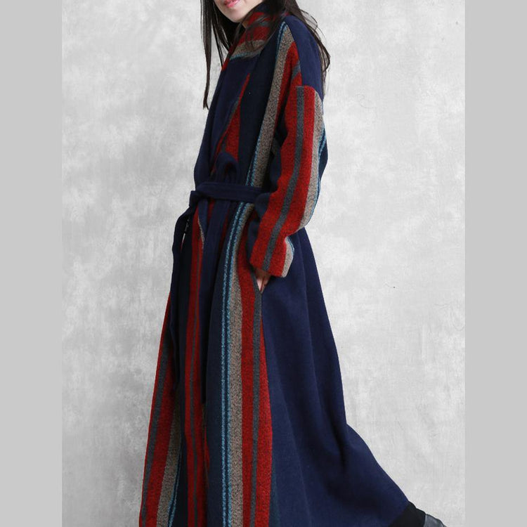 New blue red striped Wool jackets plus size Notched tie waist maxi coat - Omychic