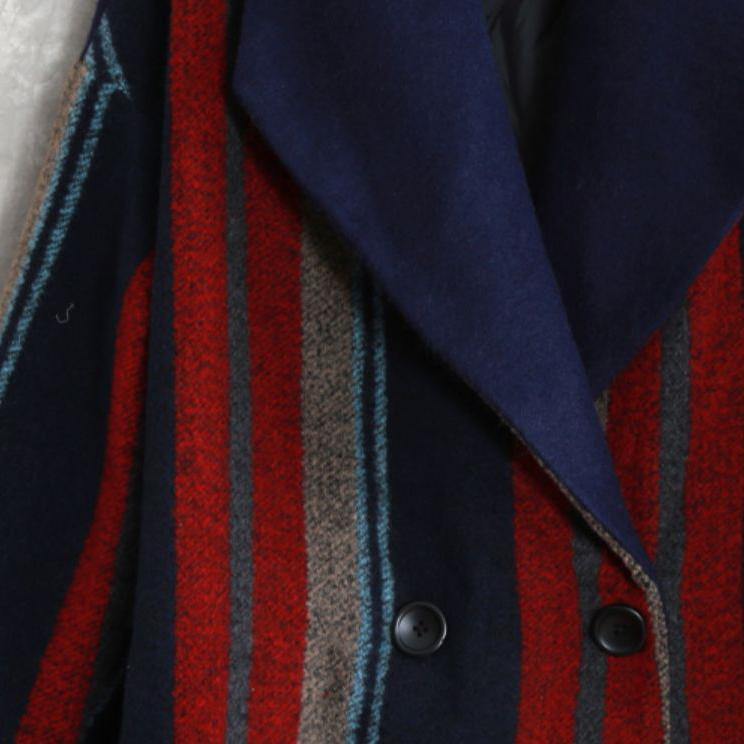 New blue red striped Wool jackets plus size Notched tie waist maxi coat - Omychic