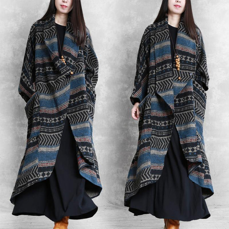 New blue striped Woolen Coats Women trendy plus size fall outwear Batwing Sleeve patchwork - Omychic