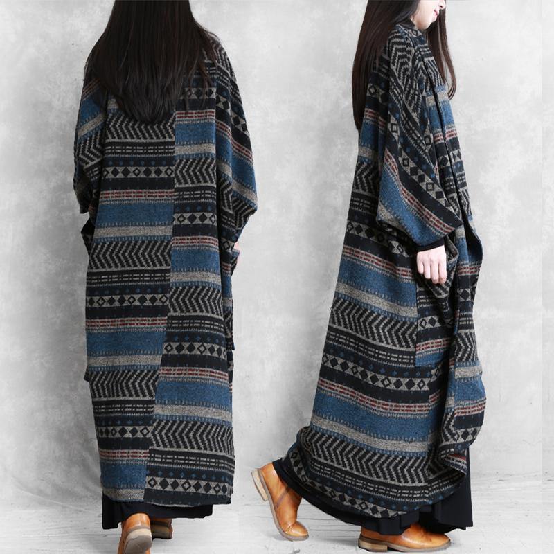 New blue striped Woolen Coats Women trendy plus size fall outwear Batwing Sleeve patchwork - Omychic