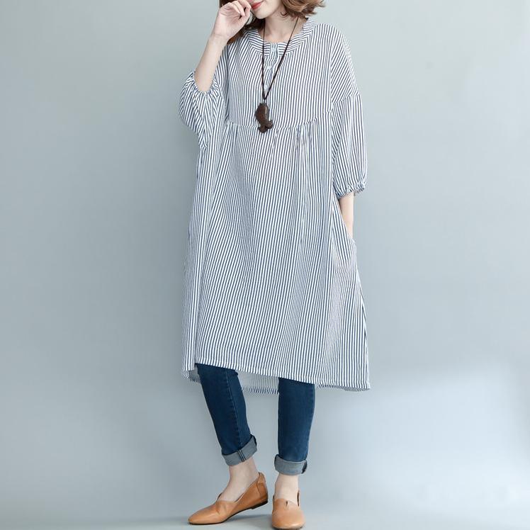 New blue striped pure cotton dresses oversize traveling clothing Fine long sleeve baggy dresses - Omychic