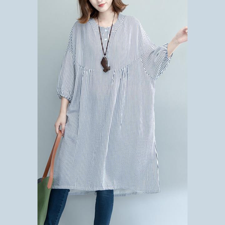 New blue striped pure cotton dresses oversize traveling clothing Fine long sleeve baggy dresses - Omychic