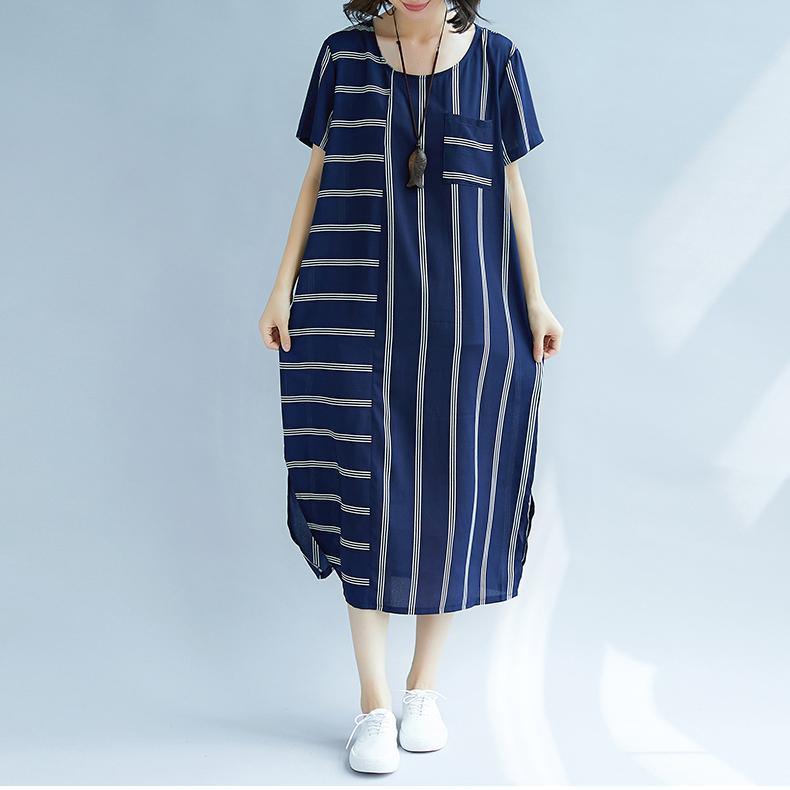 New blue striped silk blended dresses casual O neck baggy dresses traveling clothing casual short sleeve silk blended dresses - Omychic