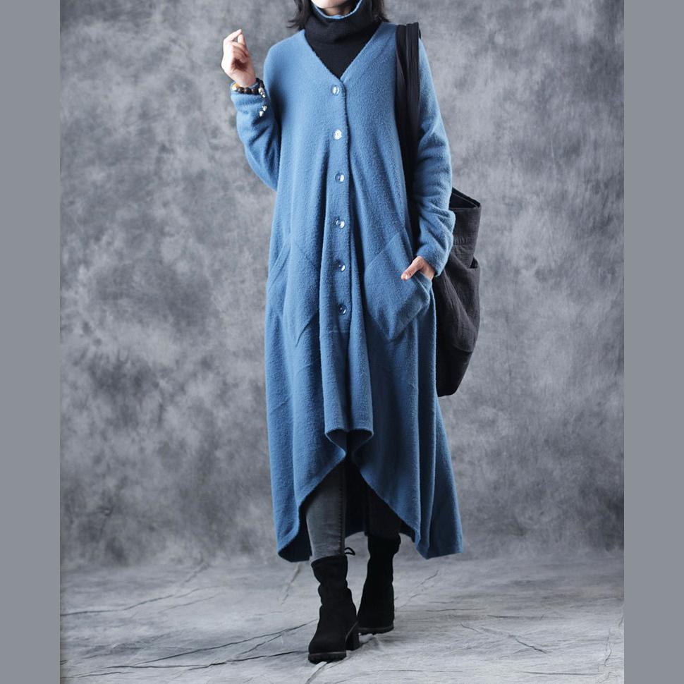 New blue winter sweater oversize V neck pockets knitted coats women asymmetric winter coat - Omychic