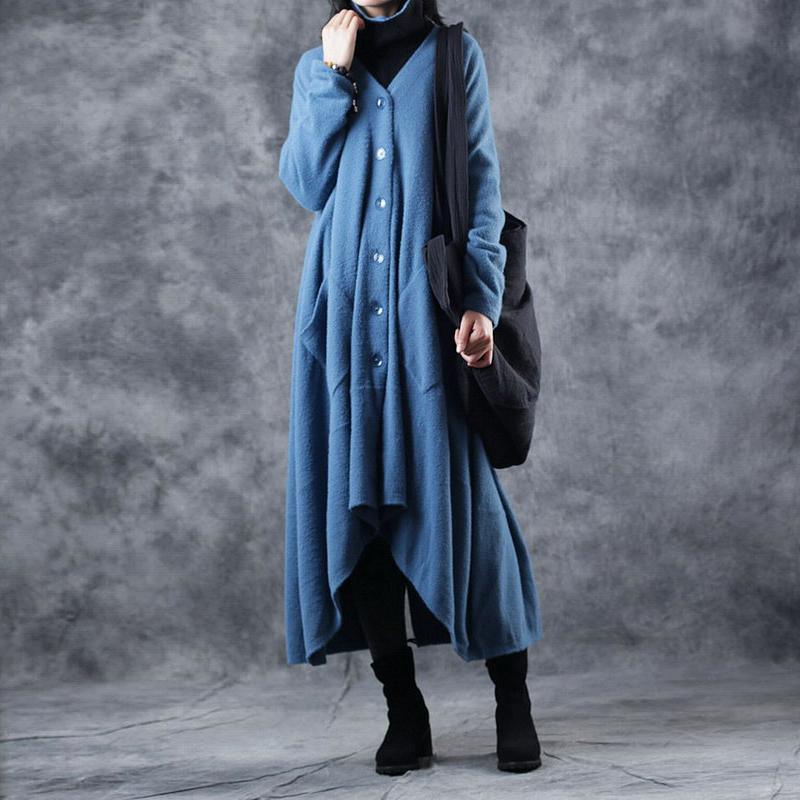 New blue winter sweater oversize V neck pockets knitted coats women asymmetric winter coat - Omychic