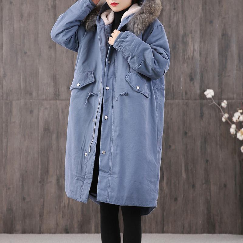 New blue women parka trendy plus size Coats faux fur collar pockets - Omychic