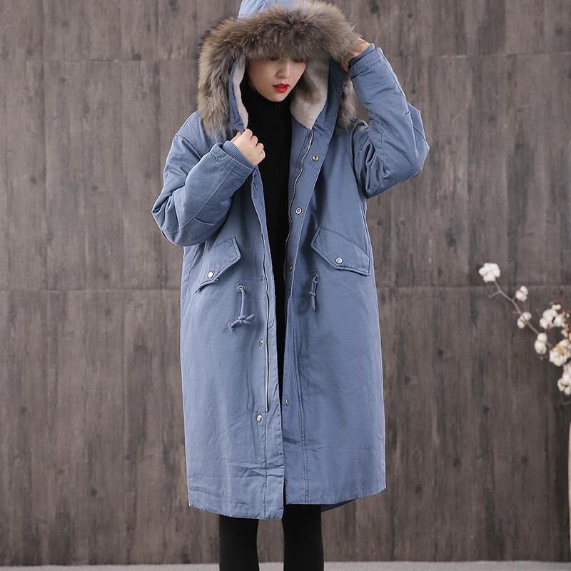 New blue women parka trendy plus size Coats faux fur collar pockets - Omychic