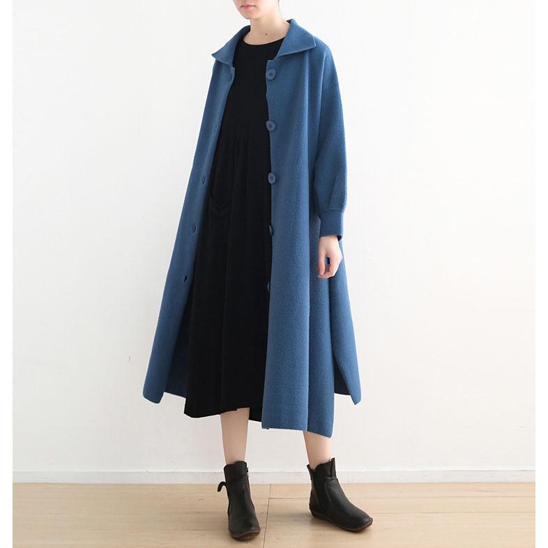 New blue woolen overcoat oversize Winter coat Turn-down Collar coat side open Button Down long coats - Omychic