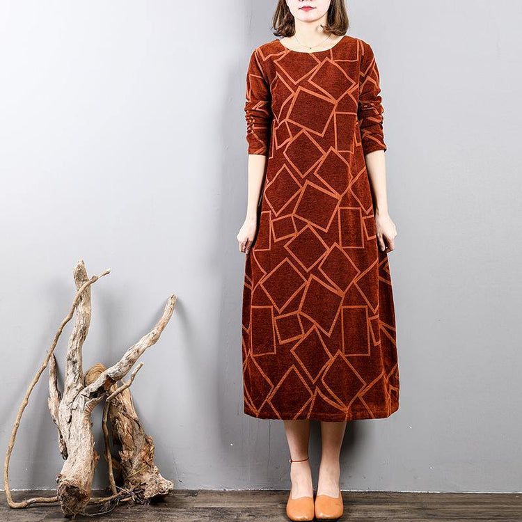 New brown orange long corduroy dresses oversize long sleeve gown women o neck kaftans - Omychic