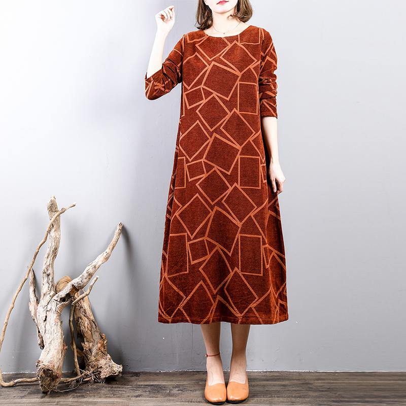 New brown orange long corduroy dresses oversize long sleeve gown women o neck kaftans - Omychic