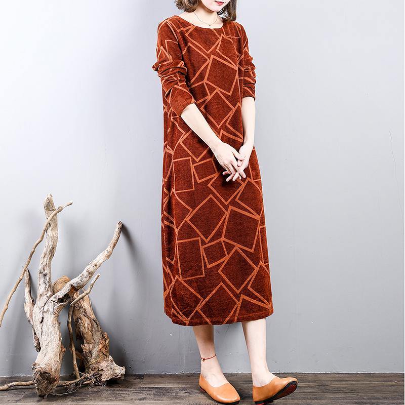 New brown orange long corduroy dresses oversize long sleeve gown women o neck kaftans - Omychic