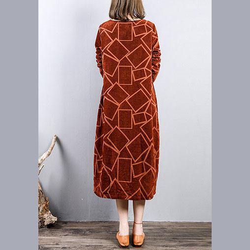 New brown orange long corduroy dresses oversize long sleeve gown women o neck kaftans - Omychic