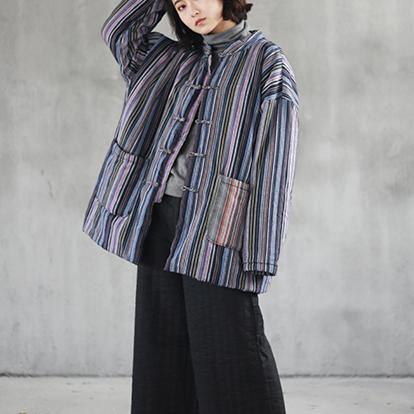 New bule striped  linen tops trendy plus size linen cotton short coat New big pockets Chinese Button cotton clothing - Omychic