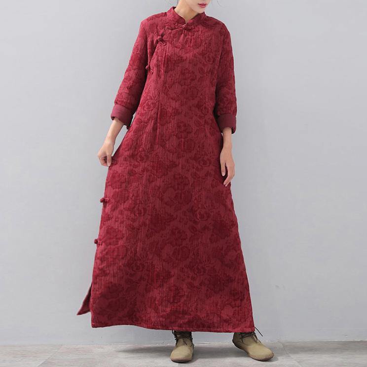 New burgundy Loose fitting stand collar caftans women Chinese Button side open maxi dresses - Omychic