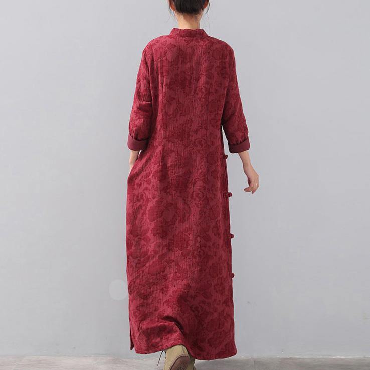 New burgundy Loose fitting stand collar caftans women Chinese Button side open maxi dresses - Omychic