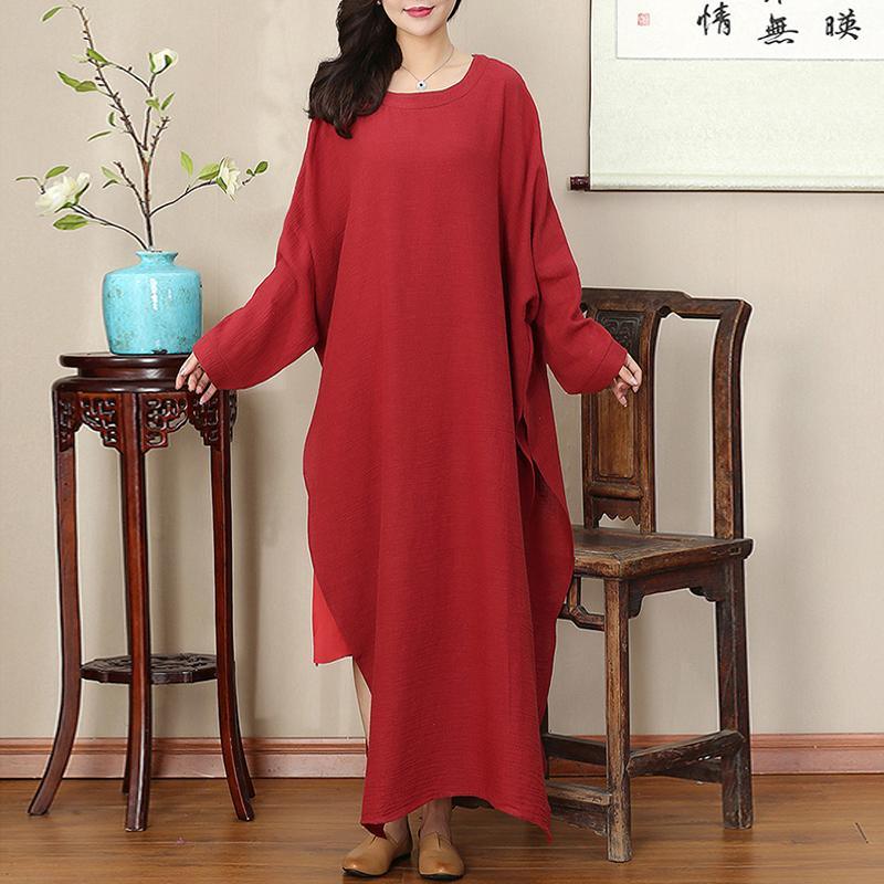 New burgundy natural oversize o neck two pieces linen clothing dress New batwing Sleeve autumn dress - Omychic