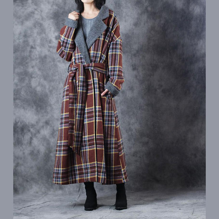 New chocolate Plaid Coats Loose fitting Notched Winter coat Fashion tie waist double breasted trench coat - Omychic