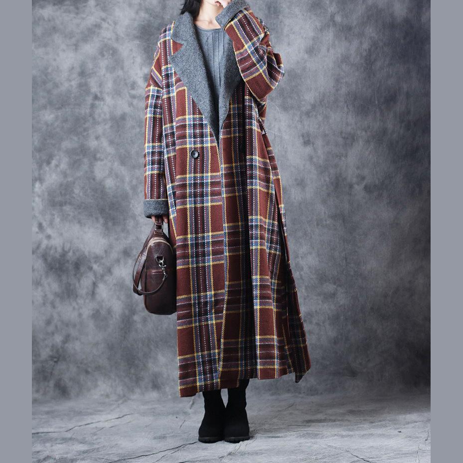 New chocolate Plaid Coats Loose fitting Notched Winter coat Fashion tie waist double breasted trench coat - Omychic