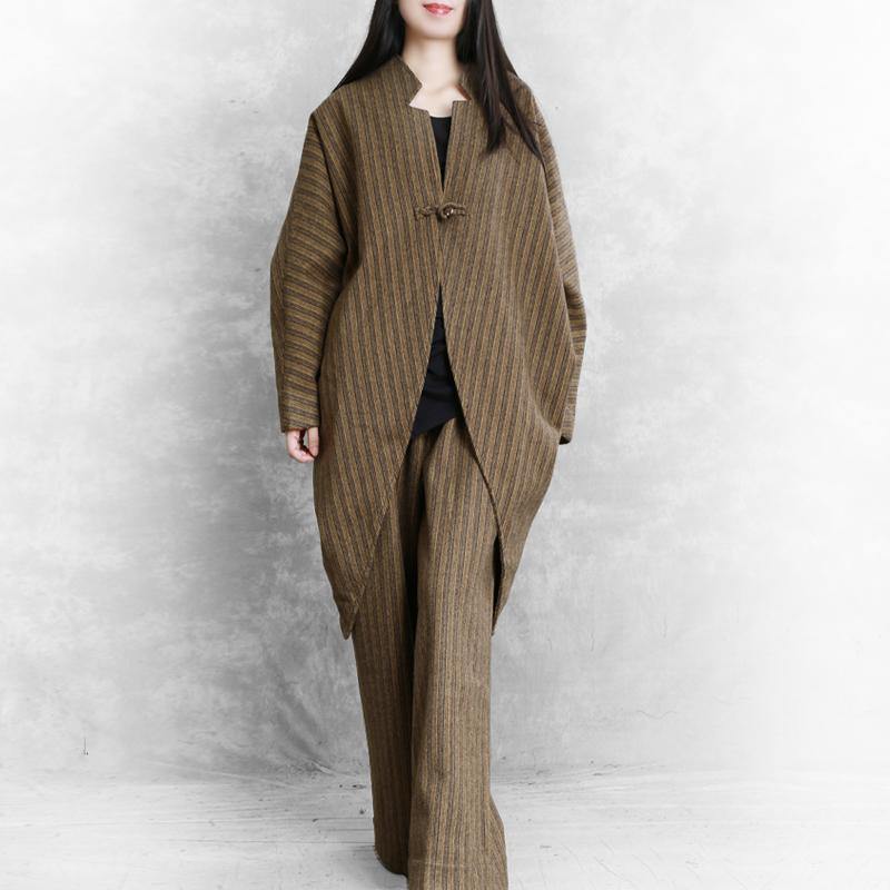 New chocolate striped Woolen Coats Loose fitting medium length coat fall jacket asymmetric - Omychic