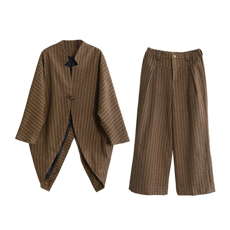 New chocolate striped Woolen Coats Loose fitting medium length coat fall jacket asymmetric - Omychic