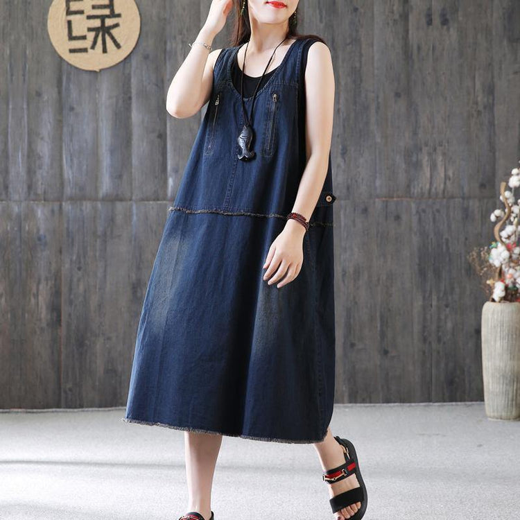 New cotton caftans plus size Denim Sleeveless Summer Loose Blue Zipper Long Dress - Omychic