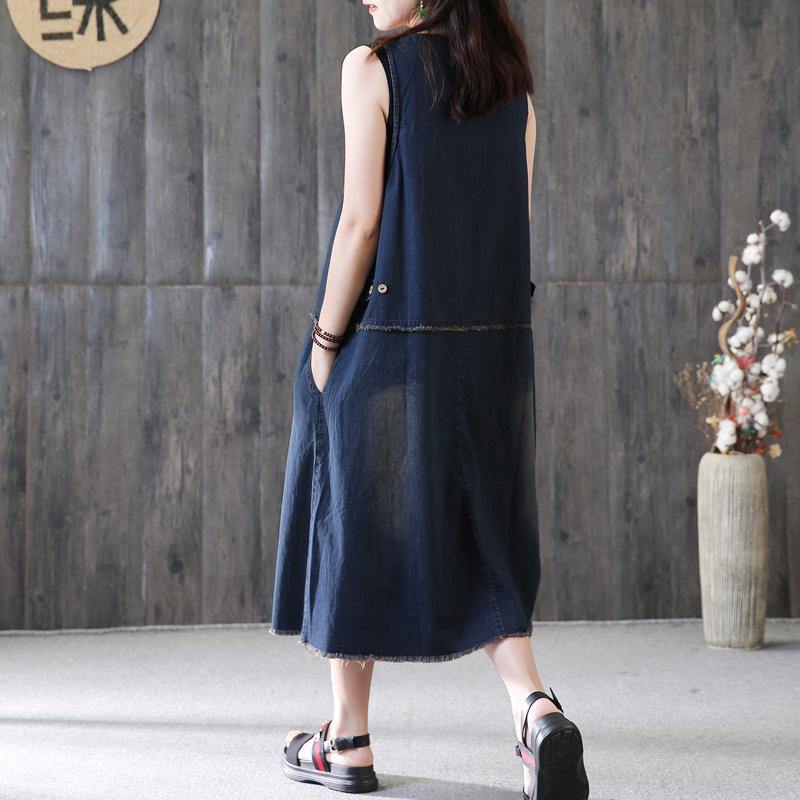 New cotton caftans plus size Denim Sleeveless Summer Loose Blue Zipper Long Dress - Omychic