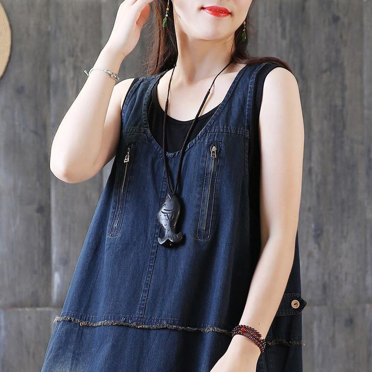 New cotton caftans plus size Denim Sleeveless Summer Loose Blue Zipper Long Dress - Omychic