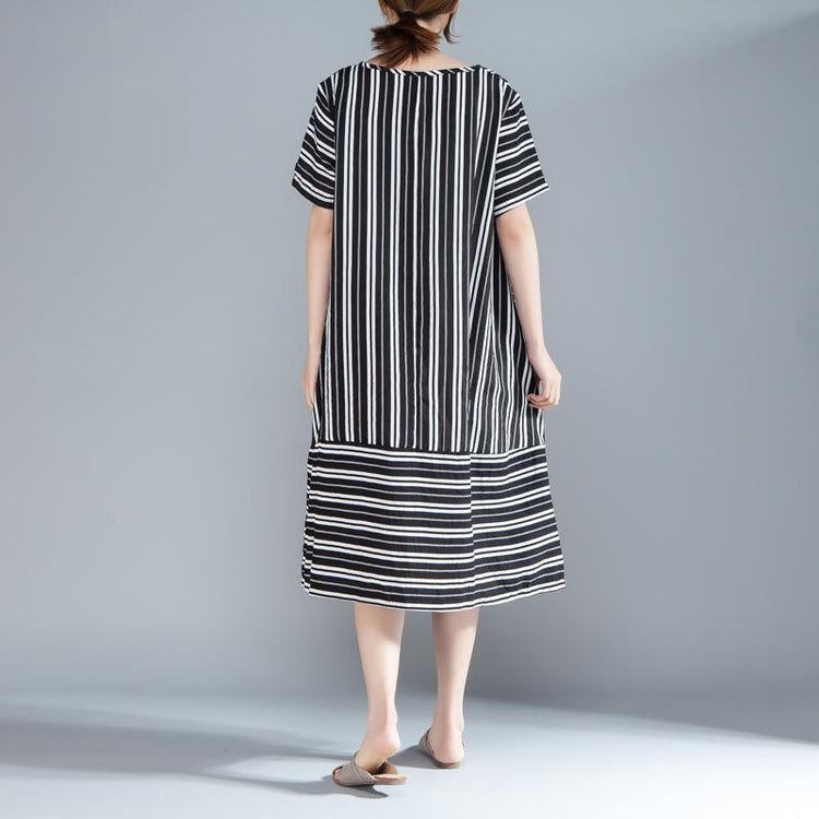 New cotton linen blended dress plus size Women Short Sleeve Printed Black Stripe Dress - Omychic