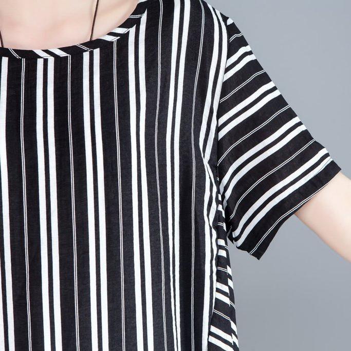 New cotton linen blended dress plus size Women Short Sleeve Printed Black Stripe Dress - Omychic