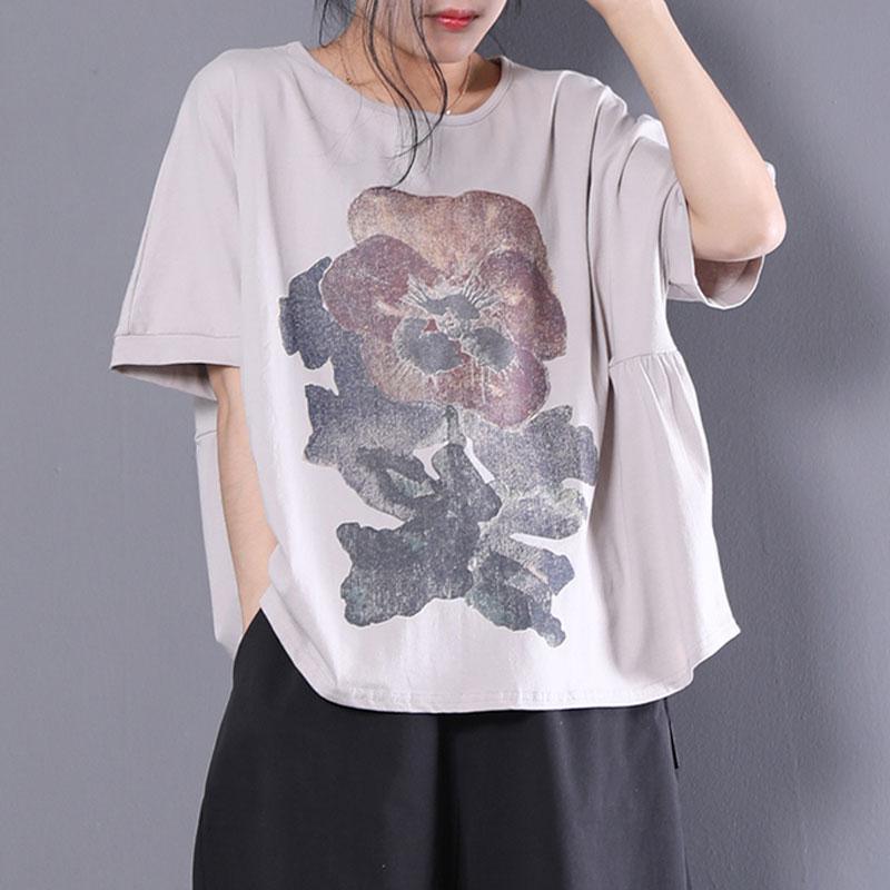 New cotton linen tops trendy plus size Women Loose Short Sleeve Printed Gray T-shirt - Omychic