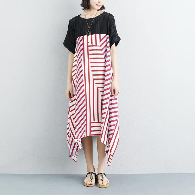 New cotton maxi dress plus size Women Loose Stripe Splicing Short Sleeve Dress - Omychic