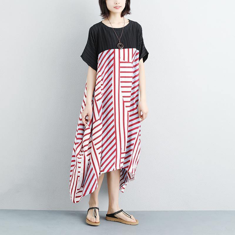 New cotton maxi dress plus size Women Loose Stripe Splicing Short Sleeve Dress - Omychic