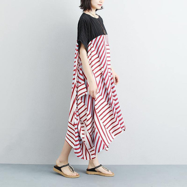 New cotton maxi dress plus size Women Loose Stripe Splicing Short Sleeve Dress - Omychic