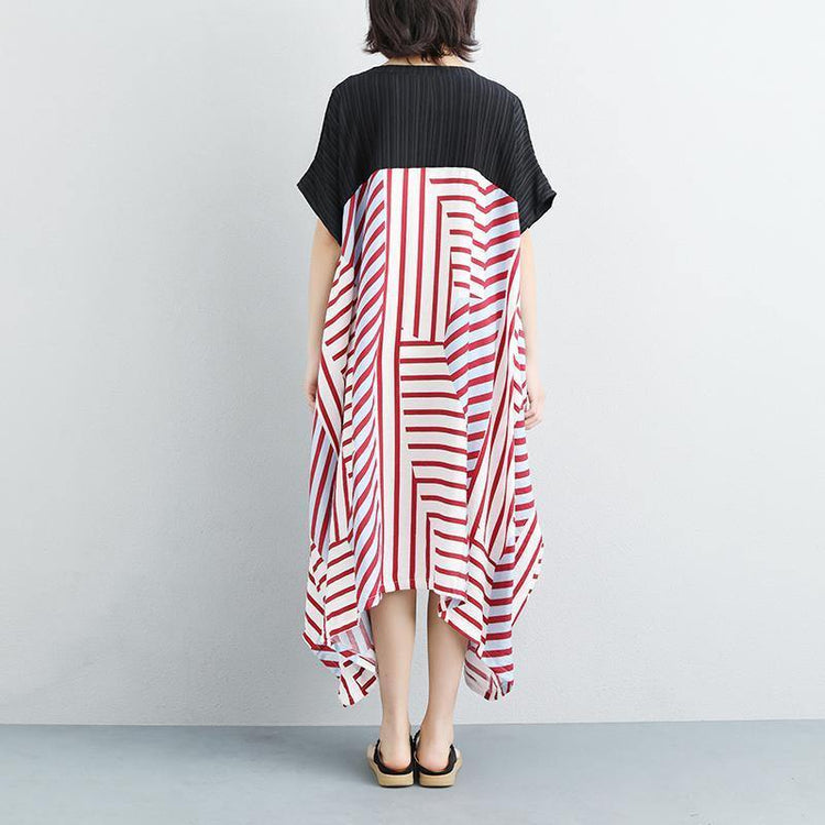 New cotton maxi dress plus size Women Loose Stripe Splicing Short Sleeve Dress - Omychic