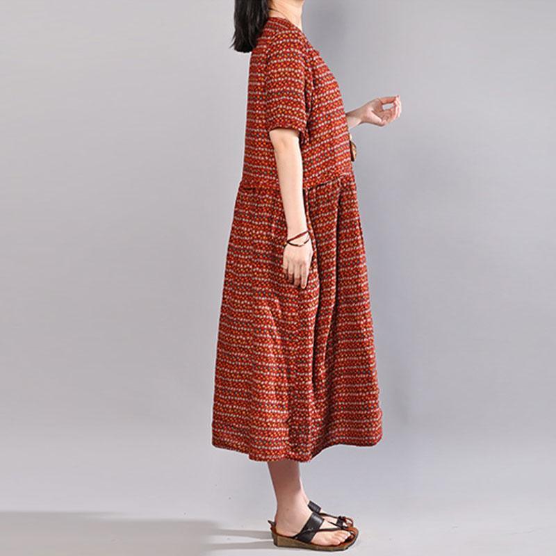 New cotton maxi dress plus size Women Retro Printed Short Sleeve Pullover Dress - Omychic