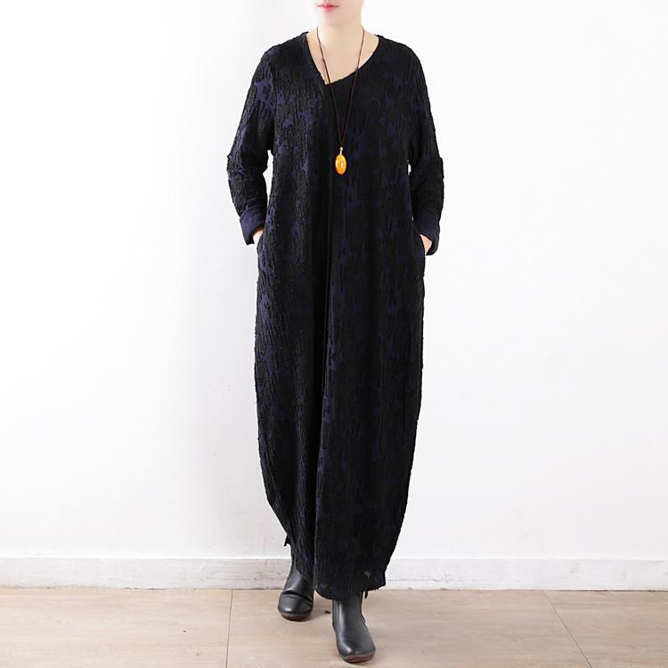 New dark blue maxi dress plus size caftans v neck asymmetric Jacquard traveling  clothing - Omychic